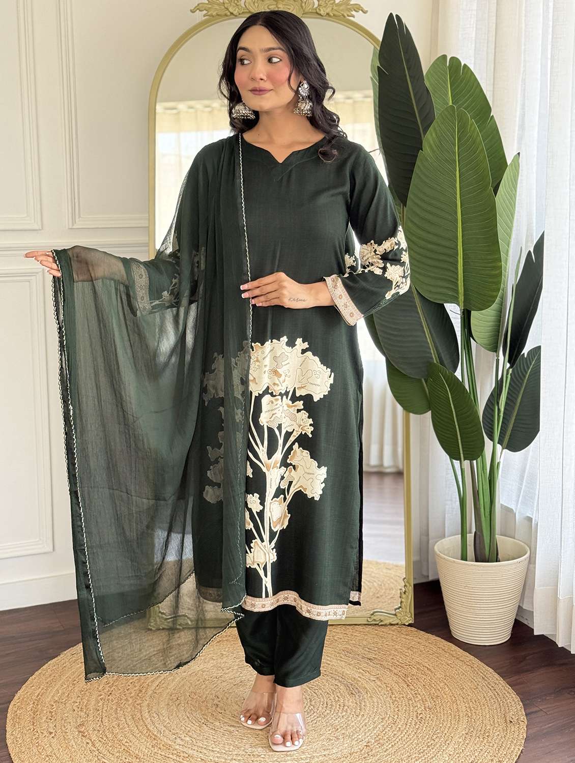 women three quarter sleeve kurta pant with dupatta set