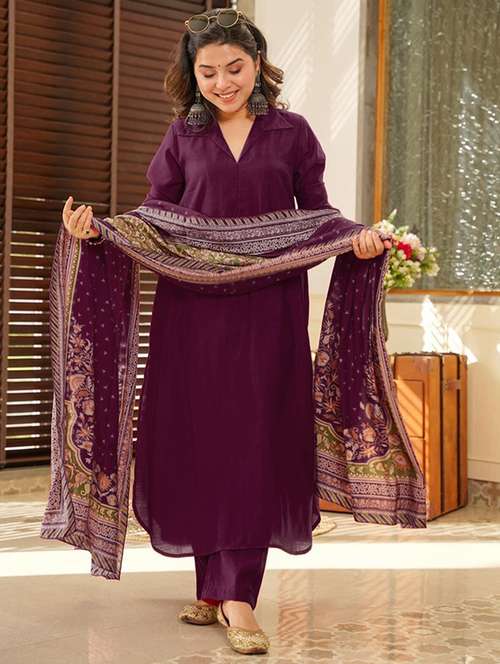 women three quarter sleeve kurta pant with dupatta set - 22060193 -  Standard Image - 0