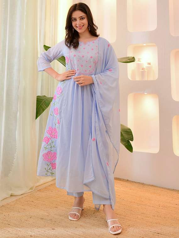 women three quarter sleeve kurta pant with dupatta set
