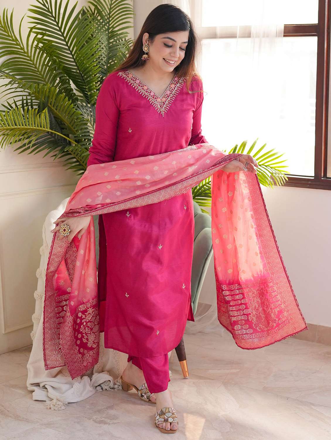 women three quarter sleeve kurta pant with dupatta set