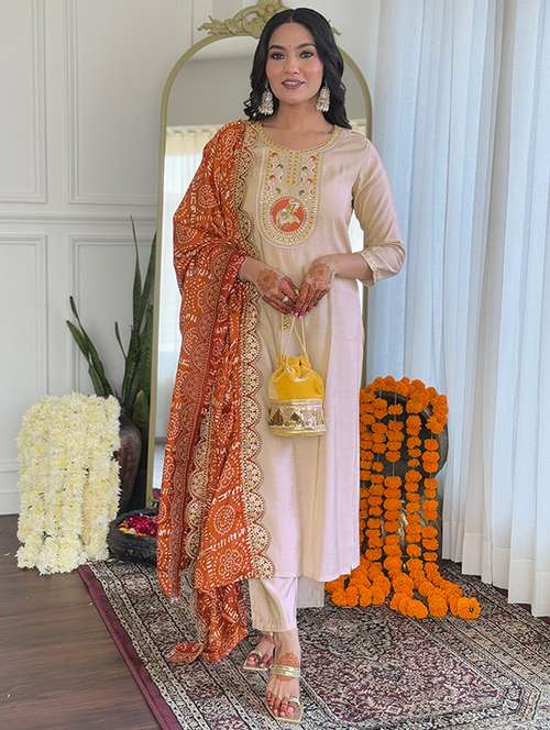 women three quarter sleeve kurta pant with dupatta set - 22060197 -  Standard Image - 0