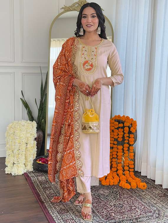 women three quarter sleeve kurta pant with dupatta set