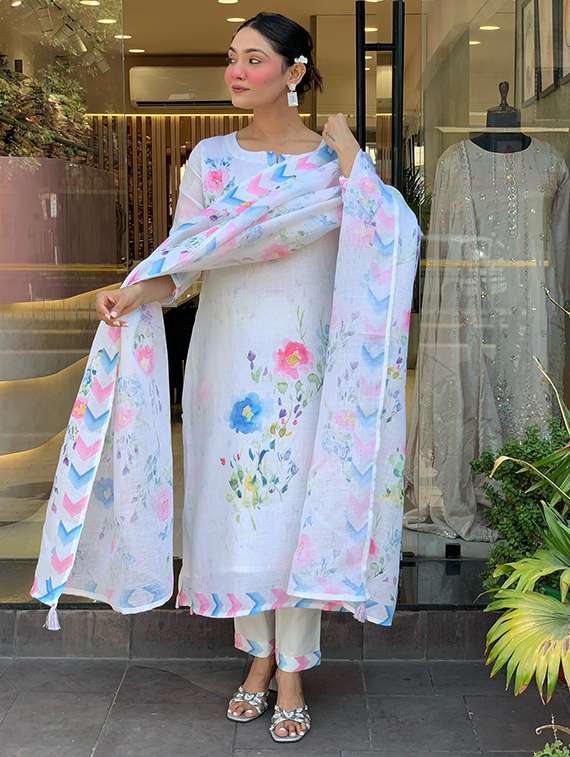women three quarter sleeve kurta pant with dupatta set