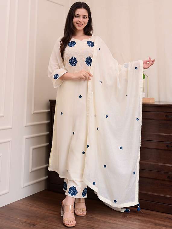 women three quarter sleeve kurta pant with dupatta set - 22060220 -  Zoom Image - 0
