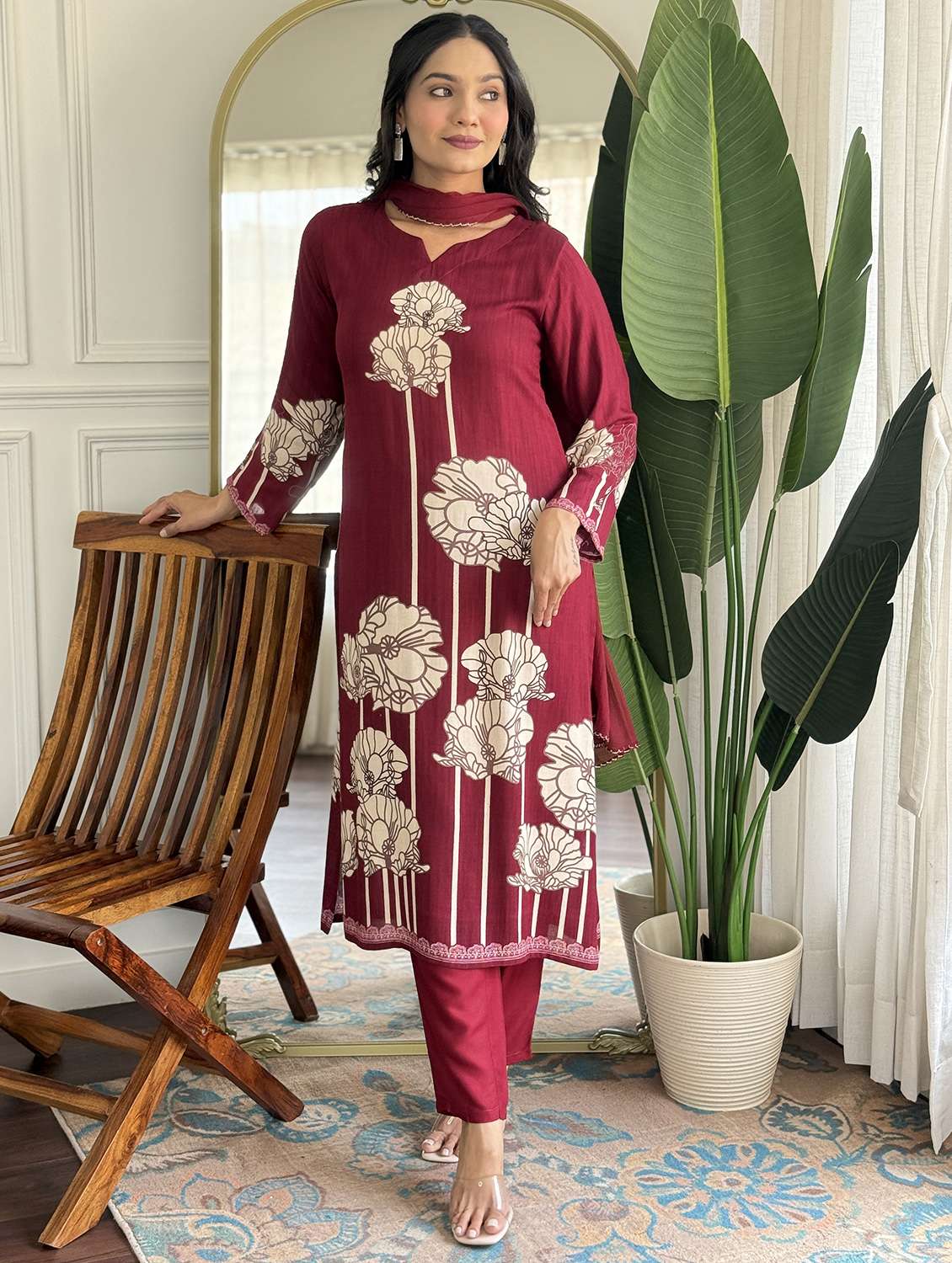 women three quarter sleeve kurta pant with dupatta set - 22060221 -  Zoom Image - 0