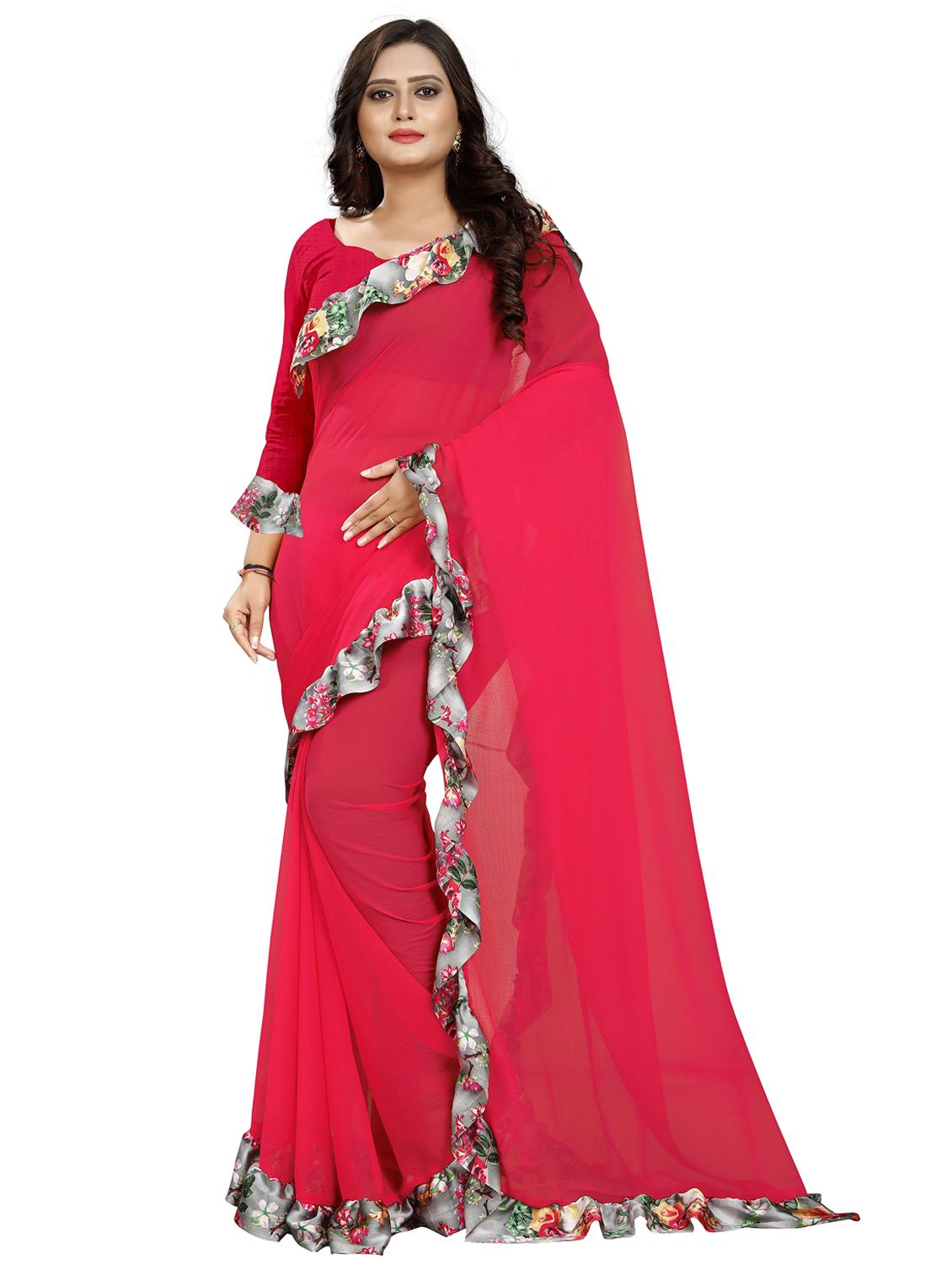 women solid with ruffle bordered saree with blouse