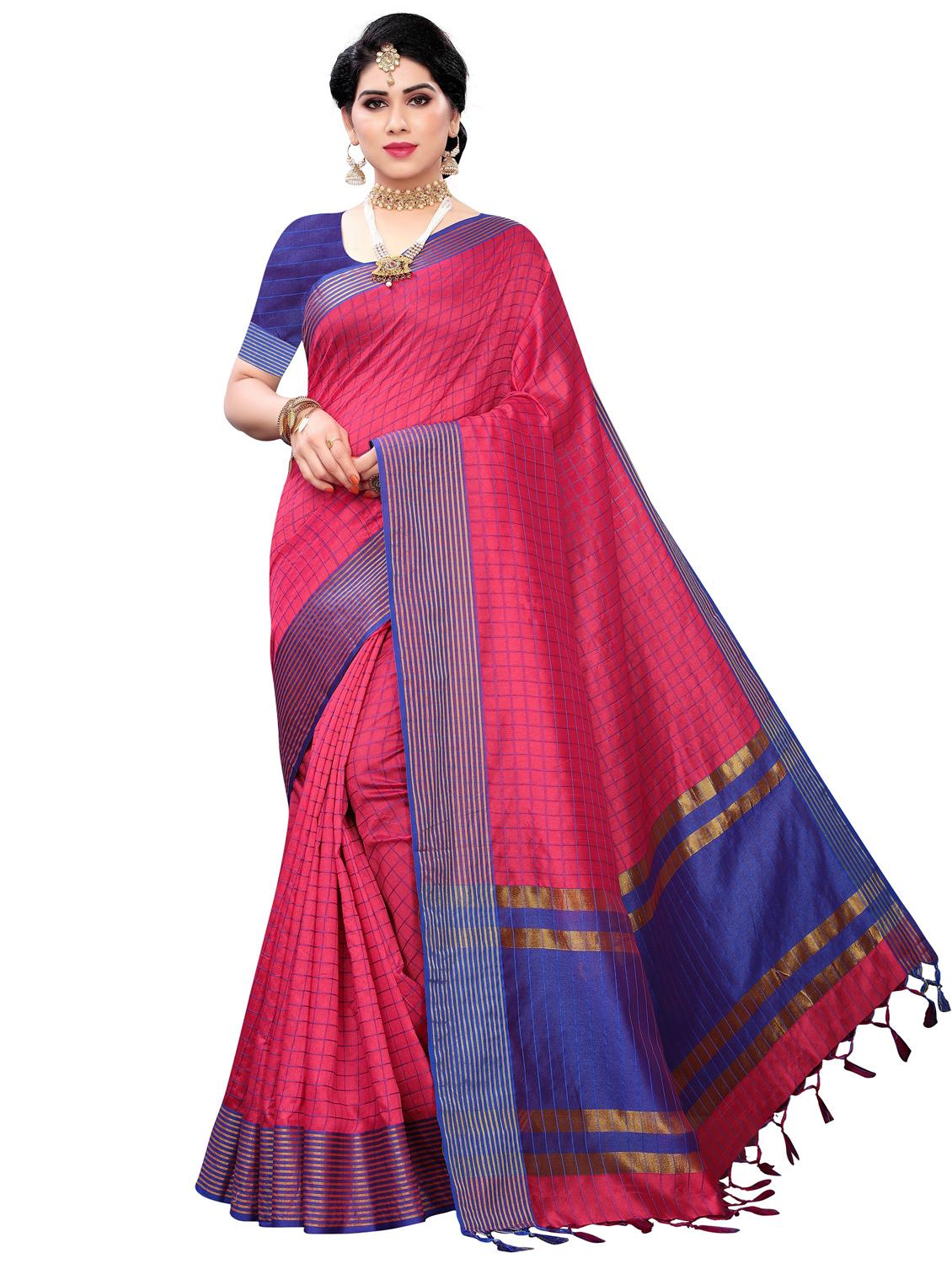 women checkered bordered saree with blouse