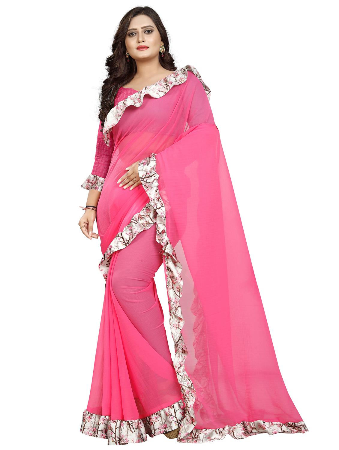 women solid with ruffle bordered saree with blouse