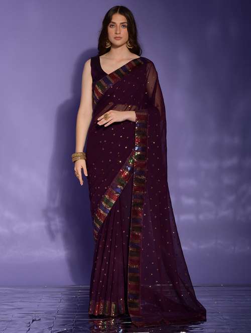 women solid with work embellished saree with blouse - 22060507 -  Standard Image - 0