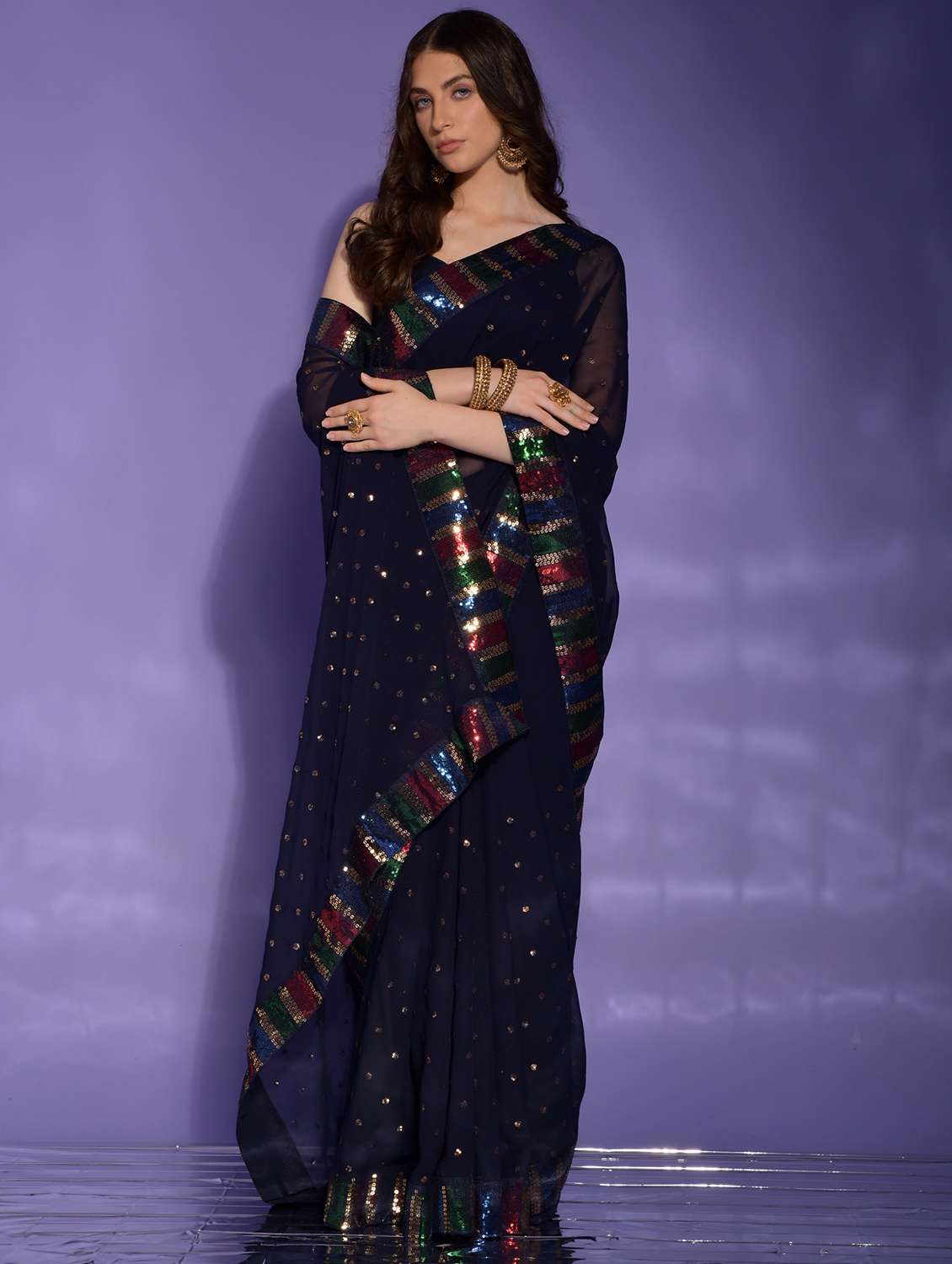 women solid with work embellished saree with blouse - 22060508 - Standard Image - 3