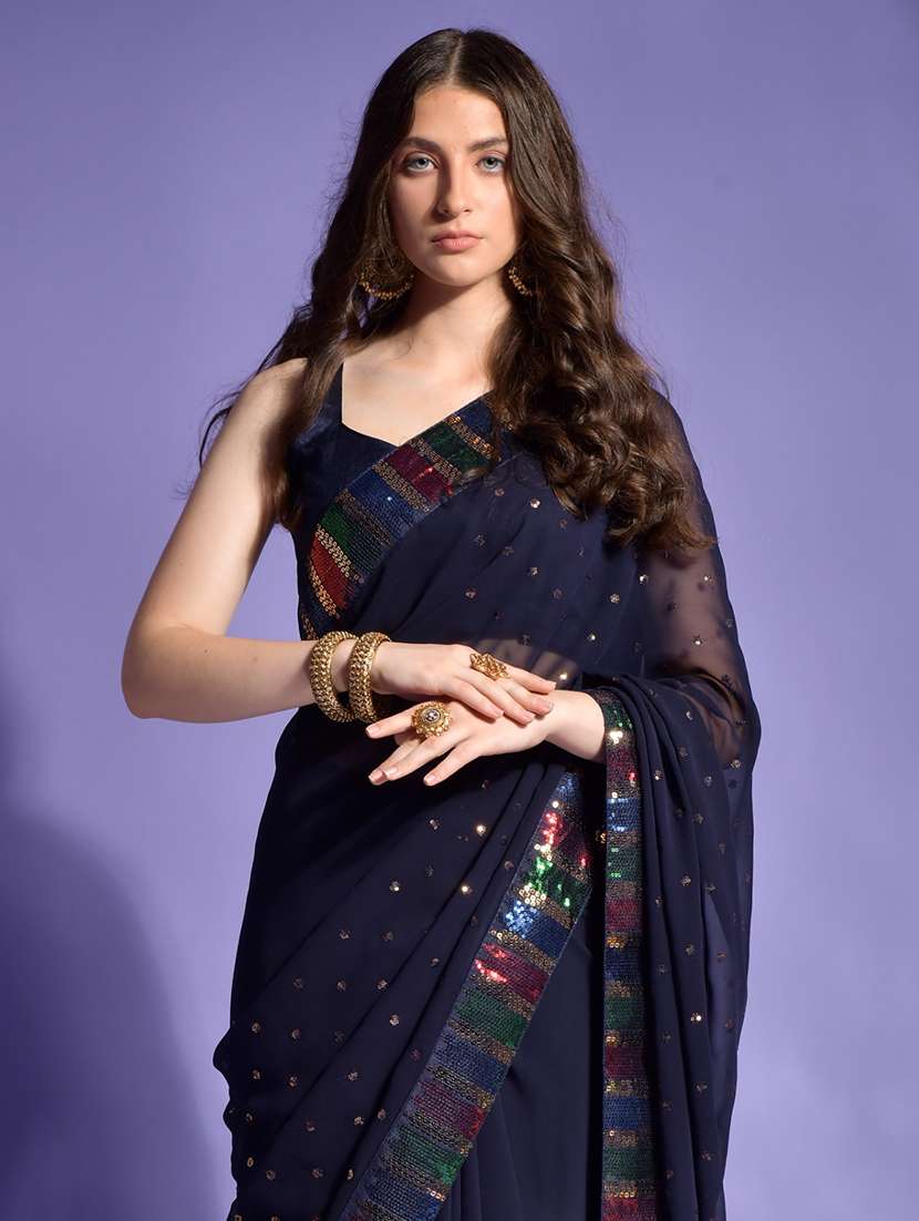 women solid with work embellished saree with blouse - 22060508 - Standard Image - 5