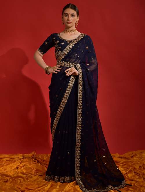 women solid with work embellished saree with blouse - 22060531 - Standard Image - 0