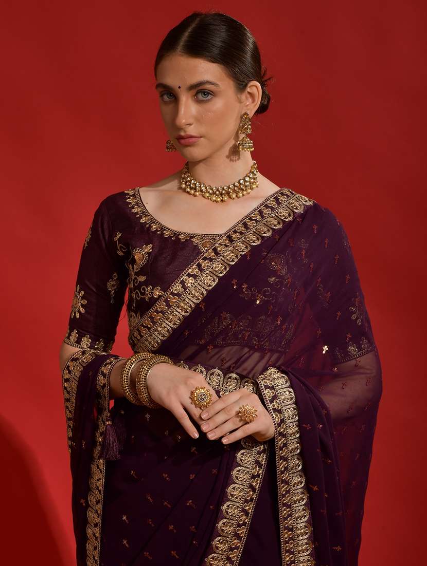 women solid with work embellished saree with blouse - 22060532 -  Standard Image - 3