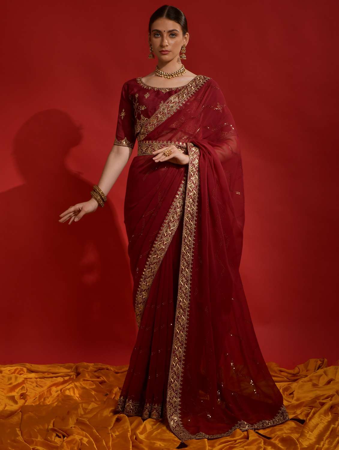 women solid with work embroidered saree with blouse - 22060533 -  Zoom Image - 0