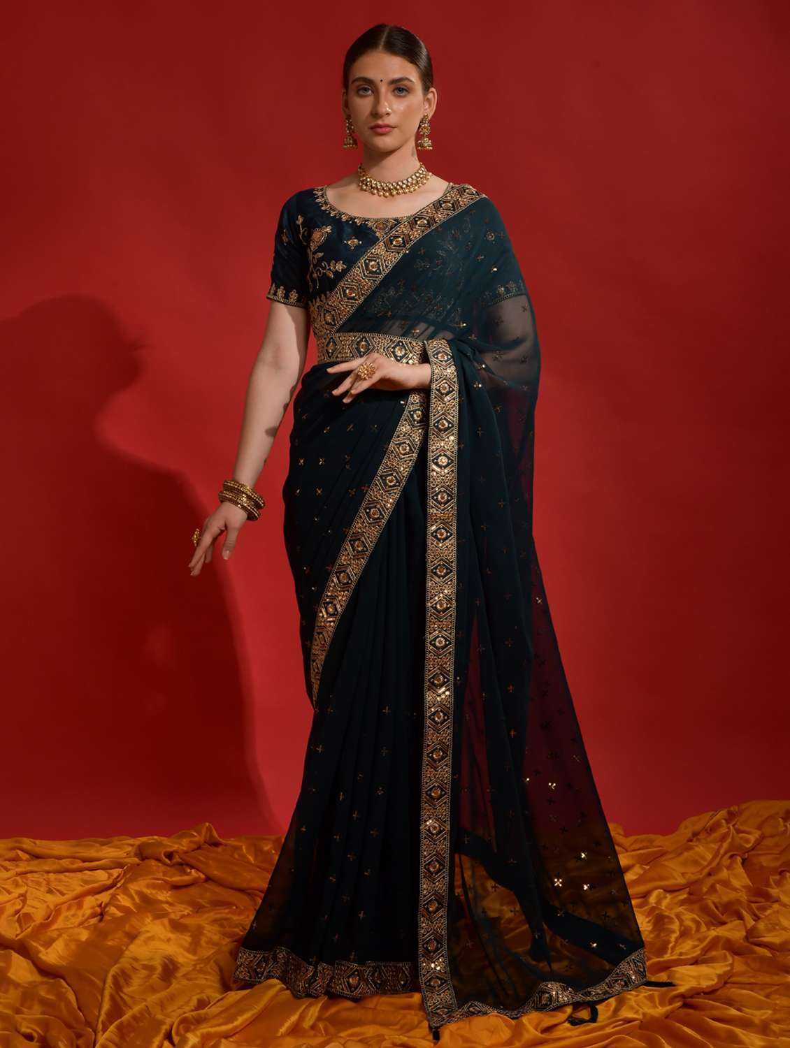 women solid with work embroidered saree with blouse - 22060534 -  Zoom Image - 0