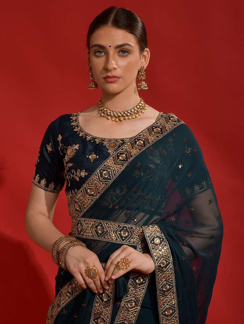 women solid with work embroidered saree with blouse - 22060534 - Standard Image - 3