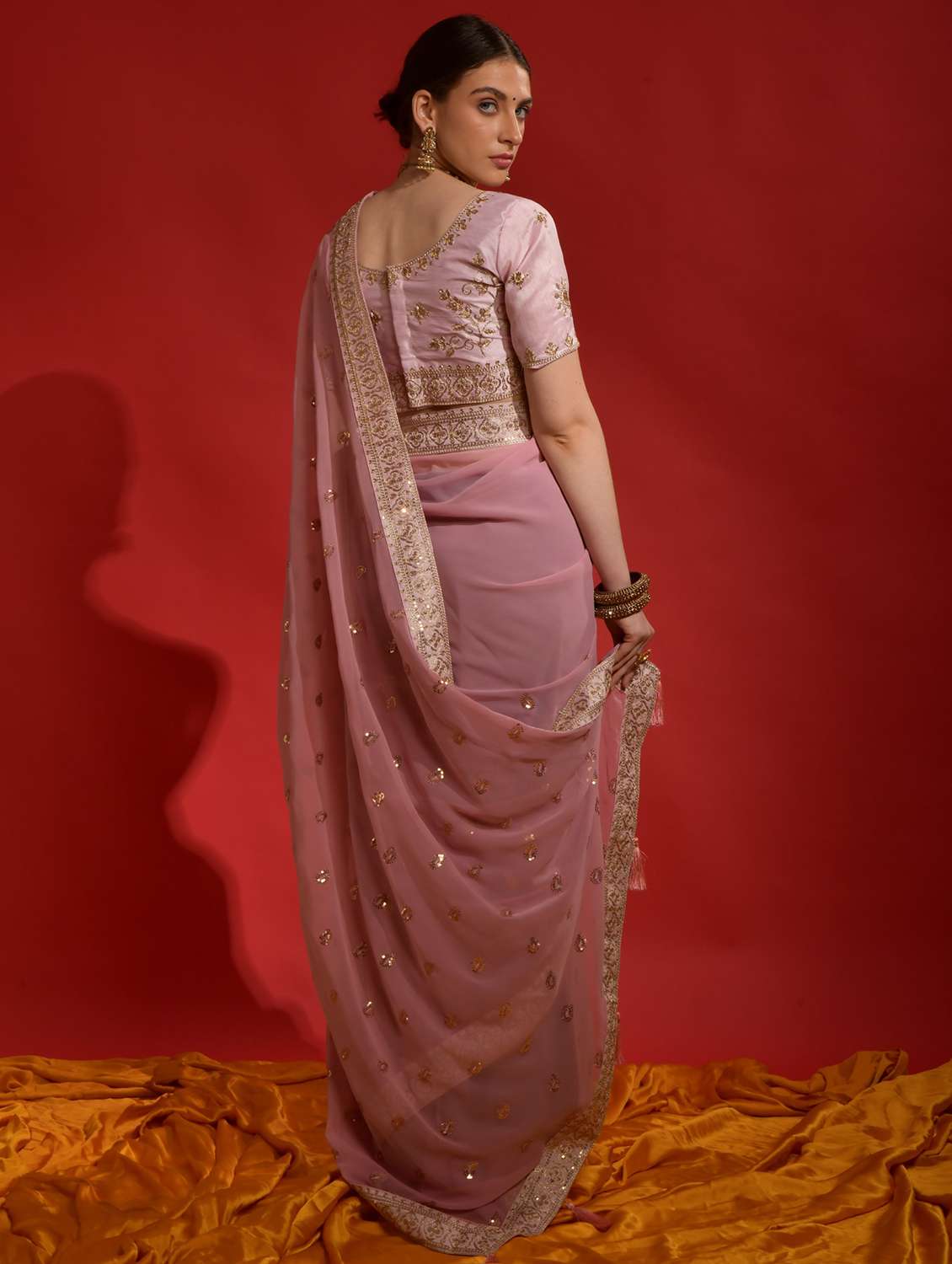 Women Solid With Work Embroidered Saree With Blouse - 22060535 -  Standard Image - 3