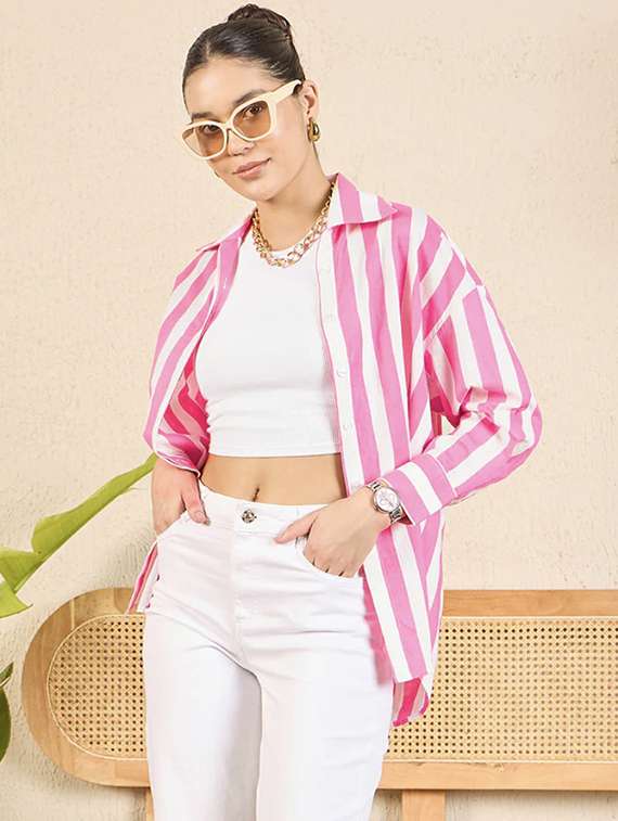 women striped collared long sleeve relaxed fit shirt - 22060546 - Zoom Image - 0