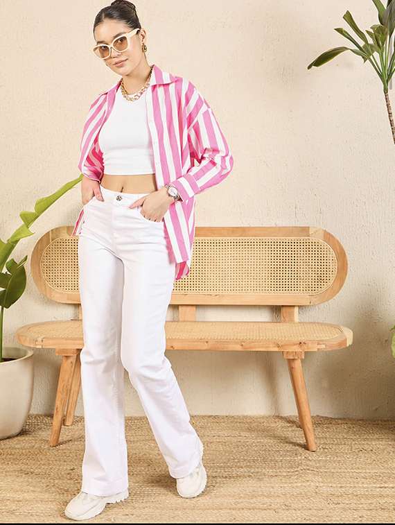 women striped collared long sleeve relaxed fit shirt - 22060546 - Standard Image - 3