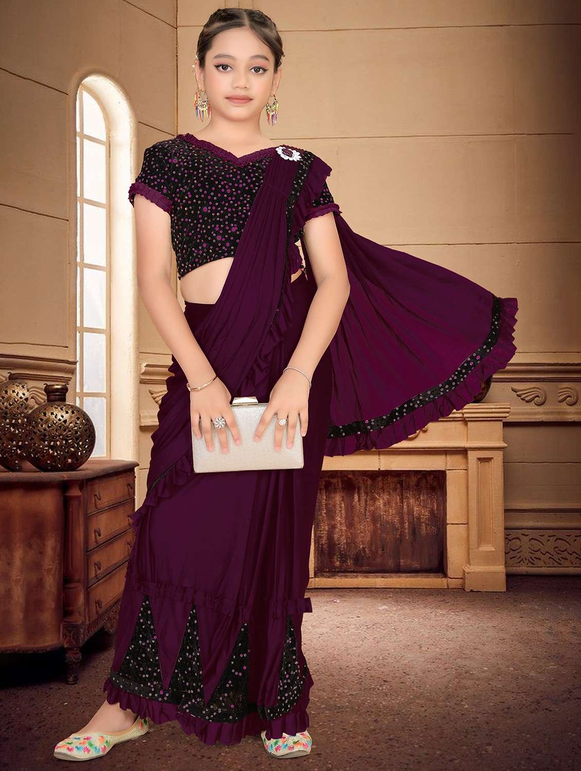 girls embellished ready to wear ruffle saree - 22060591 - Zoom Image - 0
