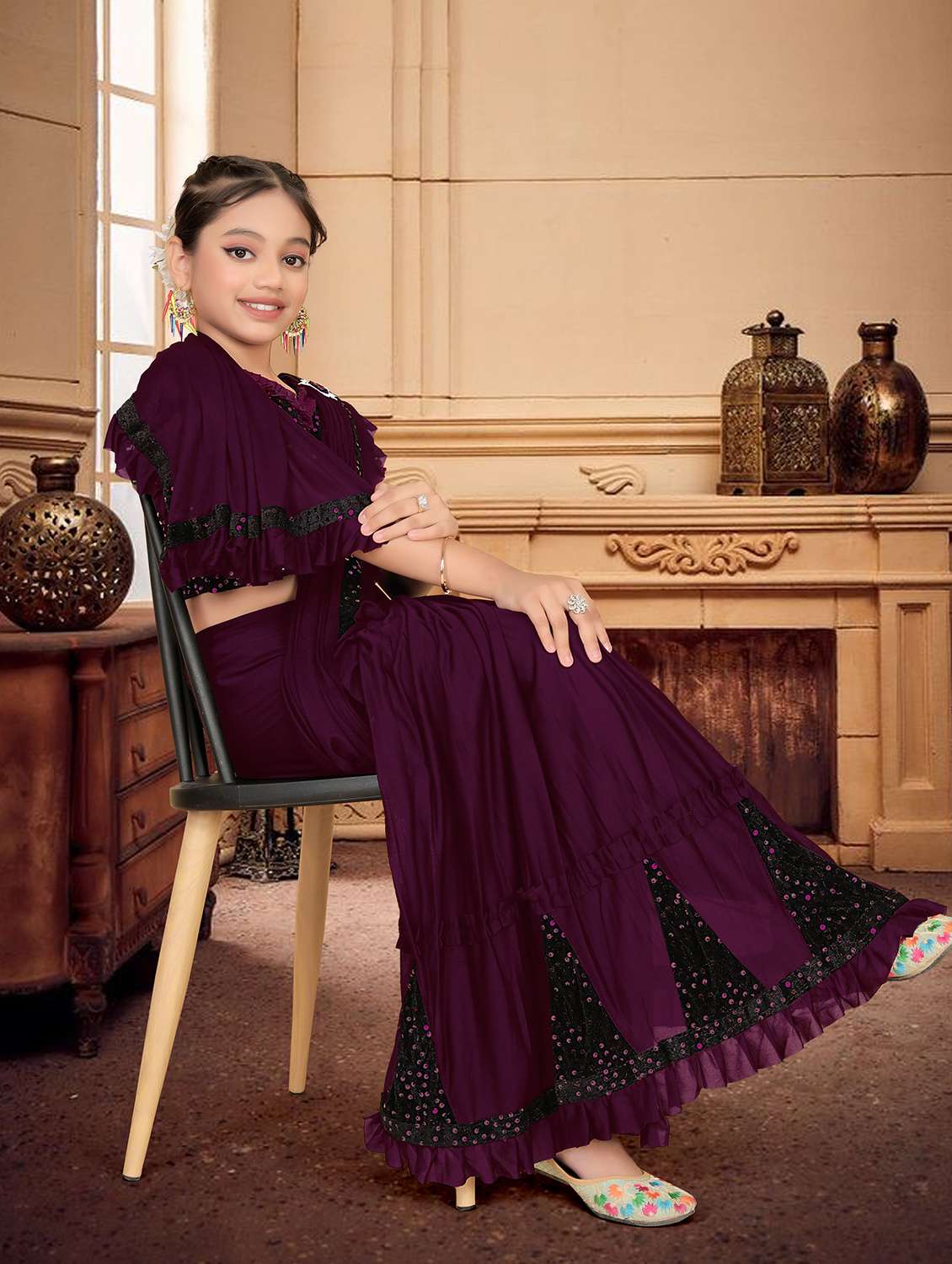 girls embellished ready to wear ruffle saree - 22060591 - Standard Image - 3