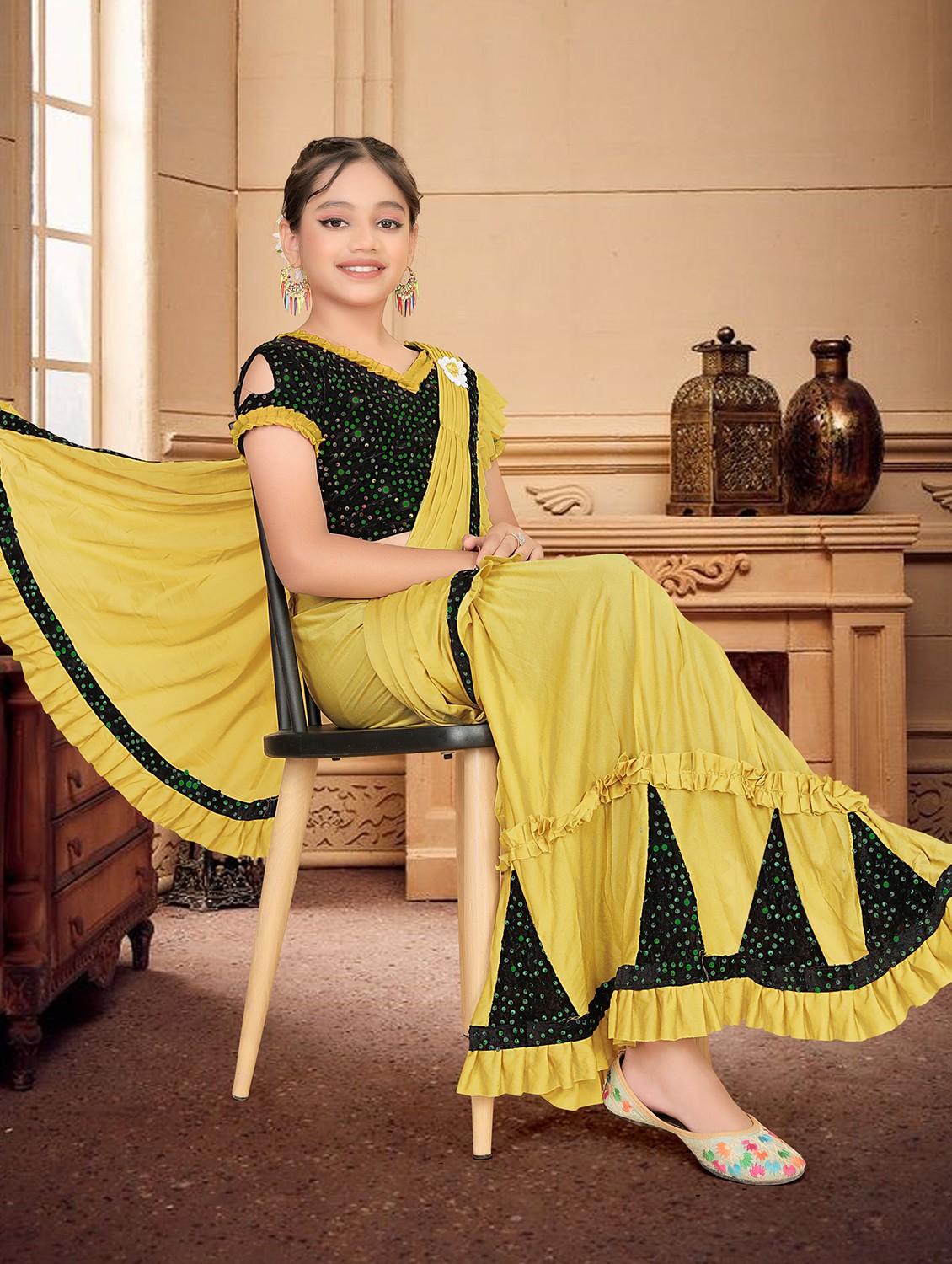 girls embellished ready to wear ruffle saree - 22060596 - Standard Image - 3