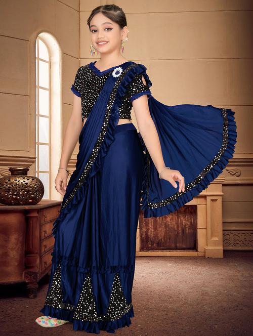 girls embellished ready to wear ruffle saree - 22060597 - Standard Image - 0