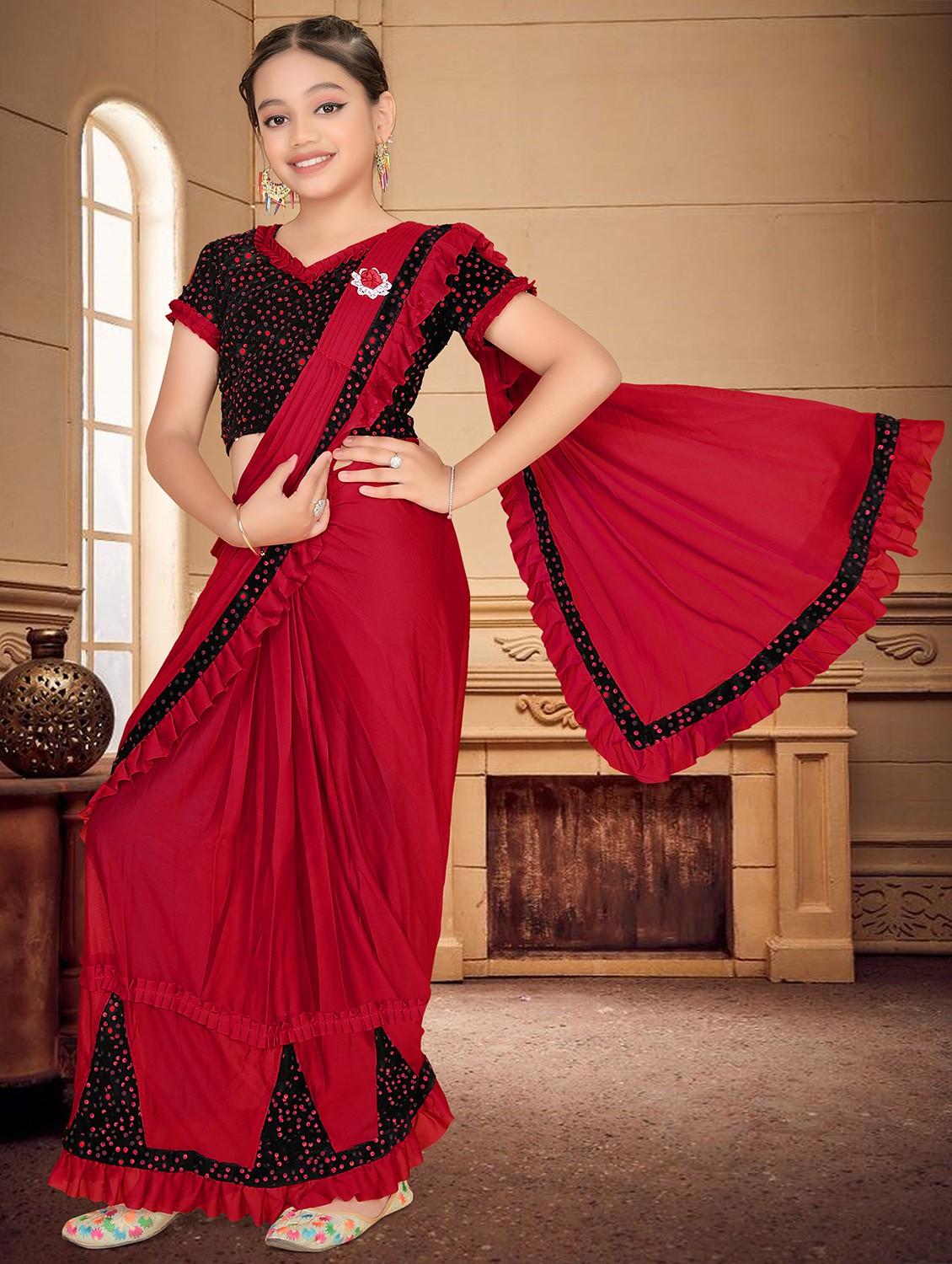 girls embellished ready to wear ruffle saree - 22060599 - Zoom Image - 0