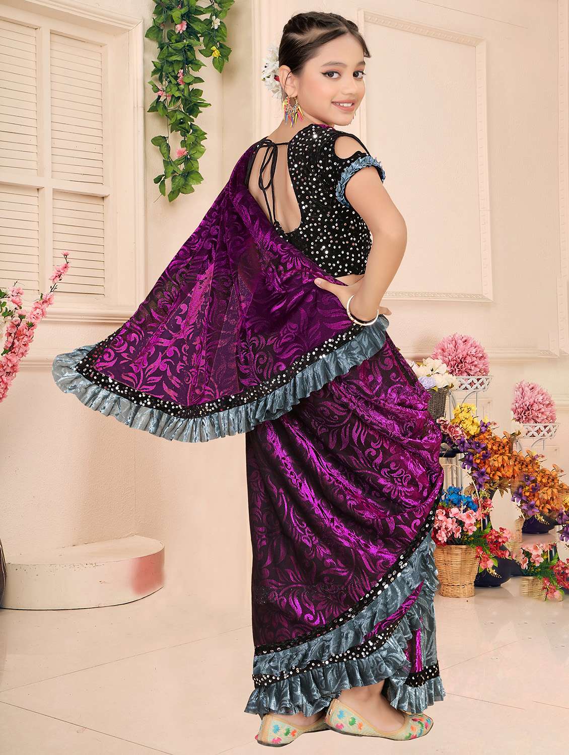 girls embellished ready to wear ruffle saree - 22060602 -  Standard Image - 3