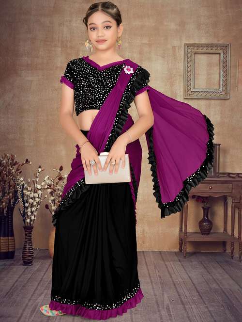girls embellished ready to wear ruffle saree - 22060605 - Standard Image - 0