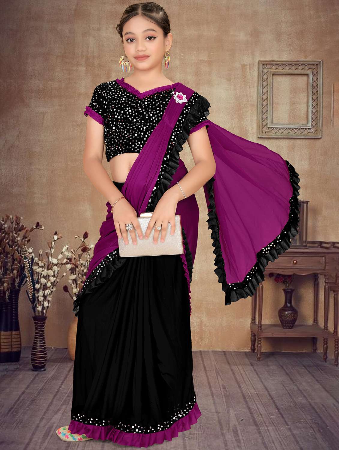 girls embellished ready to wear ruffle saree - 22060605 - Zoom Image - 0
