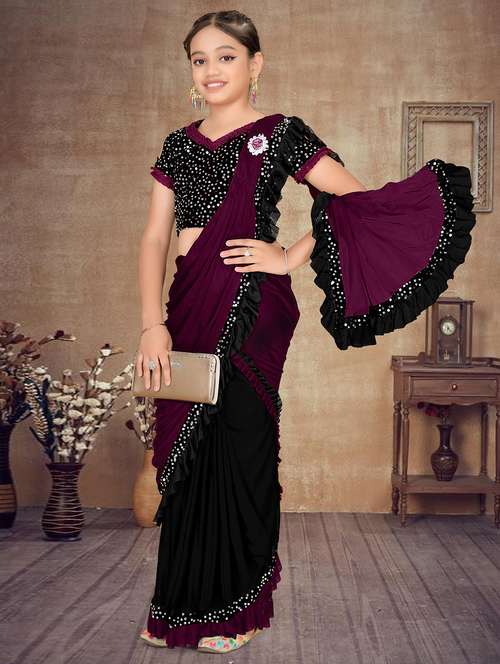 girls embellished ready to wear ruffle saree - 22060606 -  Standard Image - 0