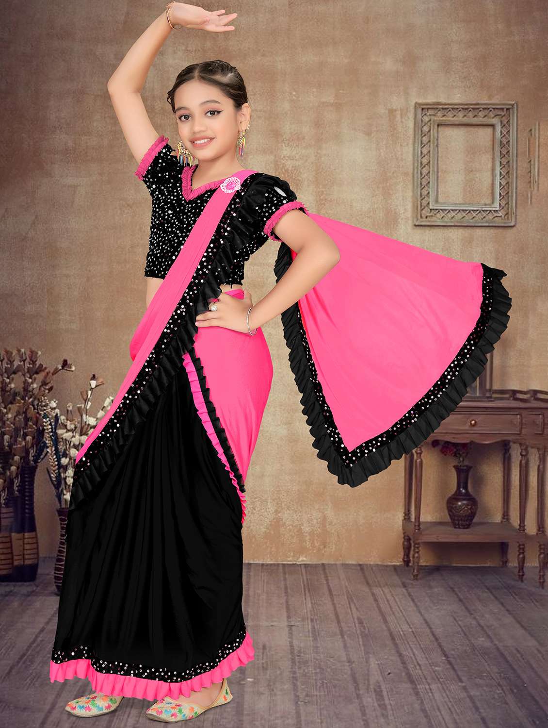 girls embellished ready to wear ruffle saree