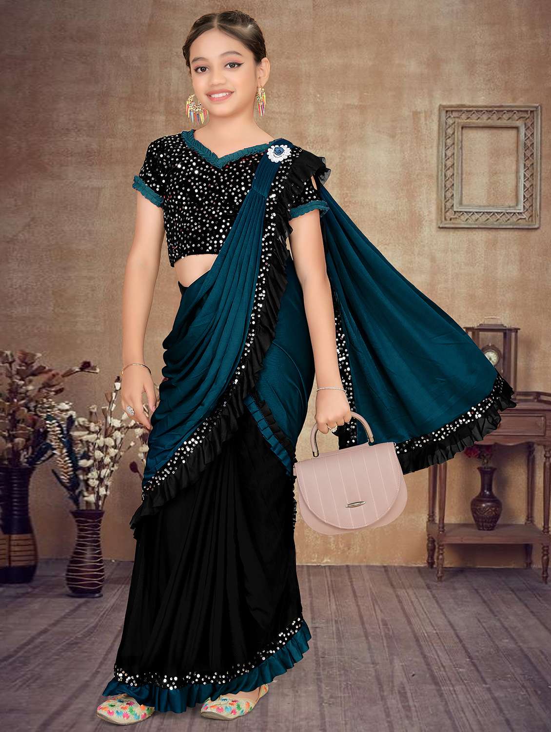 girls embellished ready to wear ruffle saree - 22060610 - Zoom Image - 0