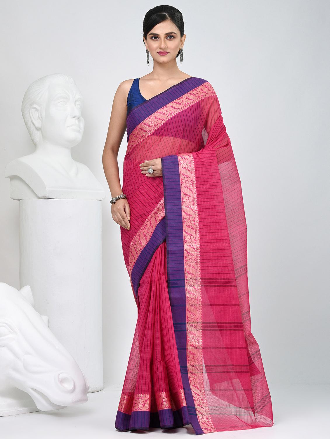 women striped tant saree - 22060665 -  Zoom Image - 0