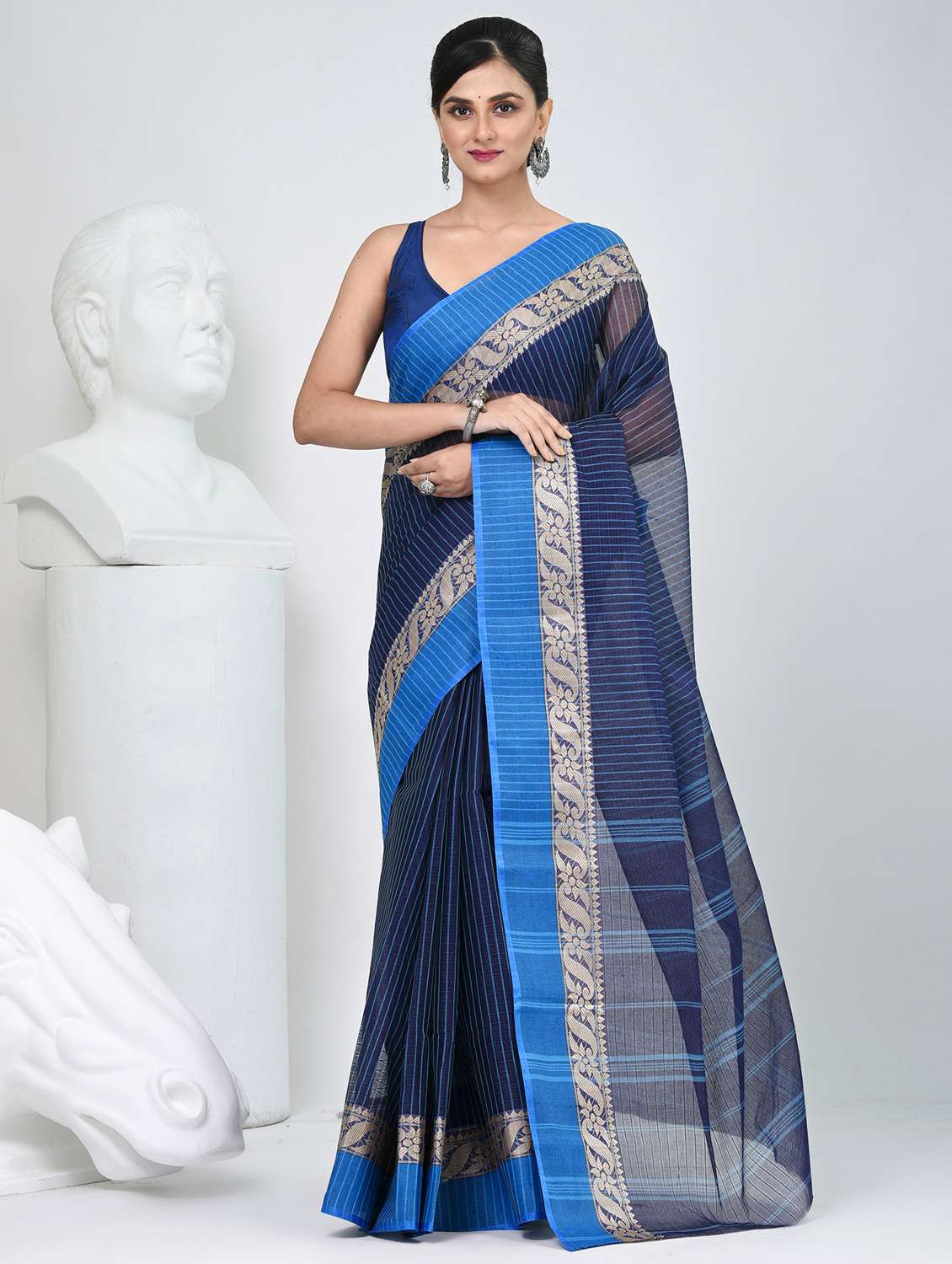 women striped tant saree