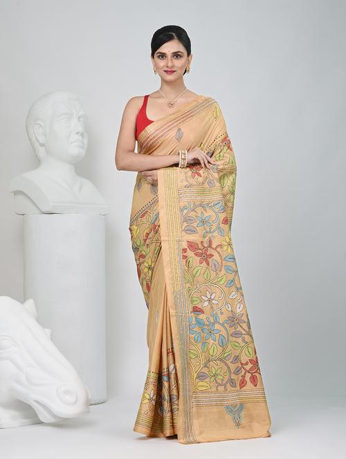 women solid with work handloom saree with blouse - 22060766 - Standard Image - 0