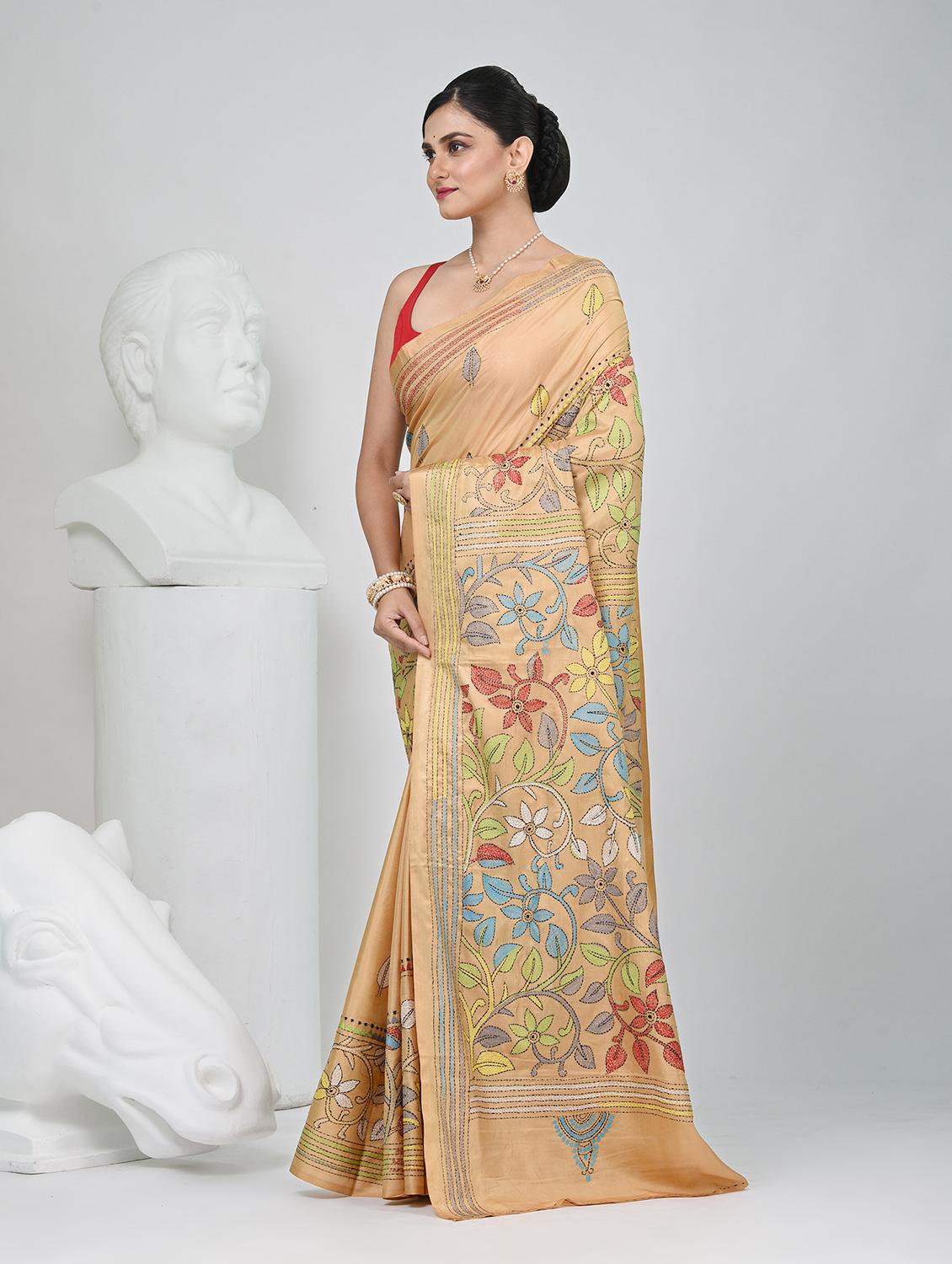 women solid with work handloom saree with blouse - 22060766 - Standard Image - 3