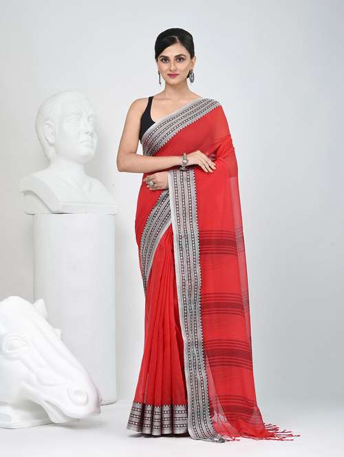 women solid with bordered handloom saree with blouse - 22060841 - Standard Image - 0