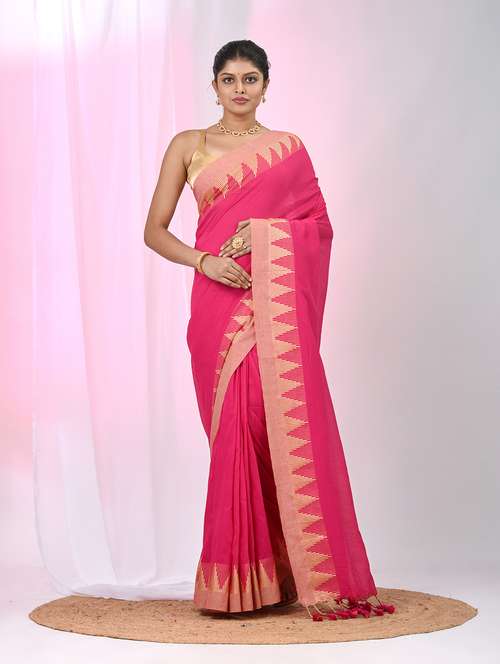 women solid with bordered handloom saree with blouse - 22060842 - Standard Image - 0