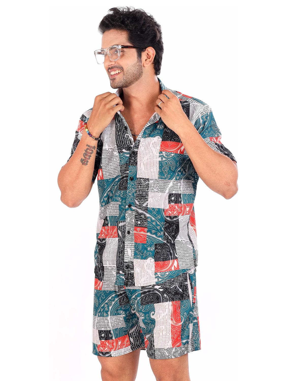men printed shirt and shorts loungewear set - 22060893 - Zoom Image - 0