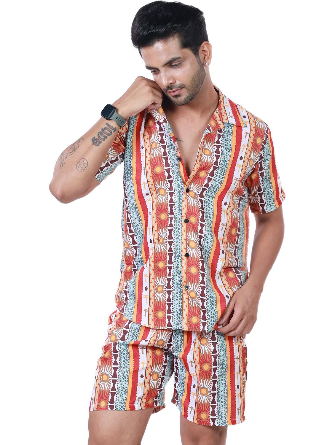 men printed shirt and shorts loungewear set - 22060895 - Zoom Image - 0