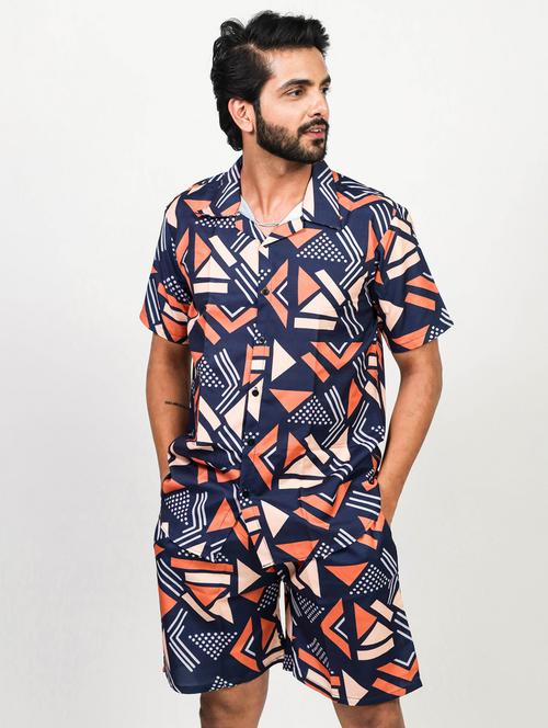men printed shirt and shorts loungewear set - 22060899 - Standard Image - 0