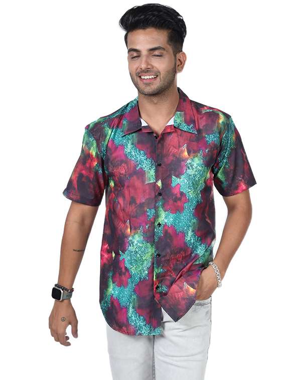 men printed collared short sleeve regular fit shirt