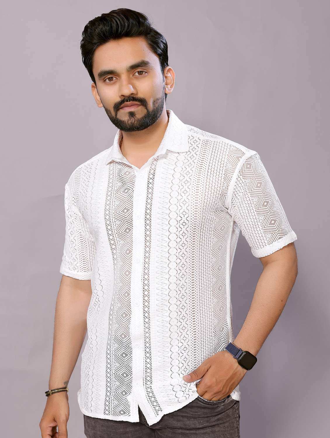 men self designed collared short sleeve regular fit shirt