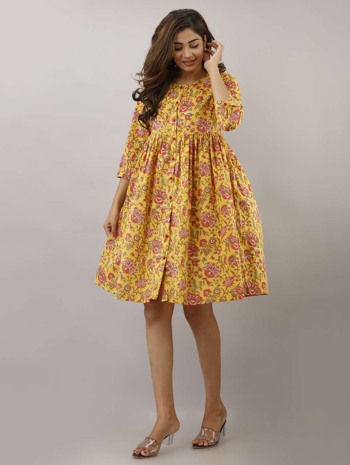 women floral print round neck fit & flare dress