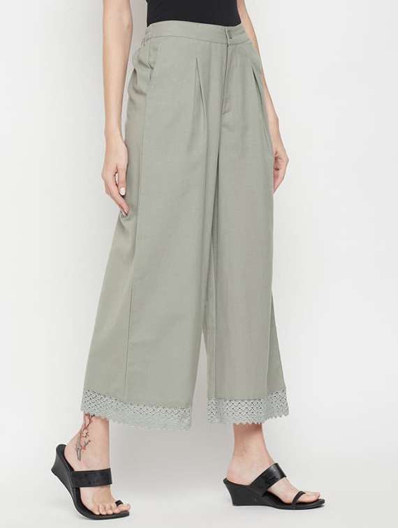 women solid mid rise flared pleated palazzo - 22061342 - Standard Image - 3