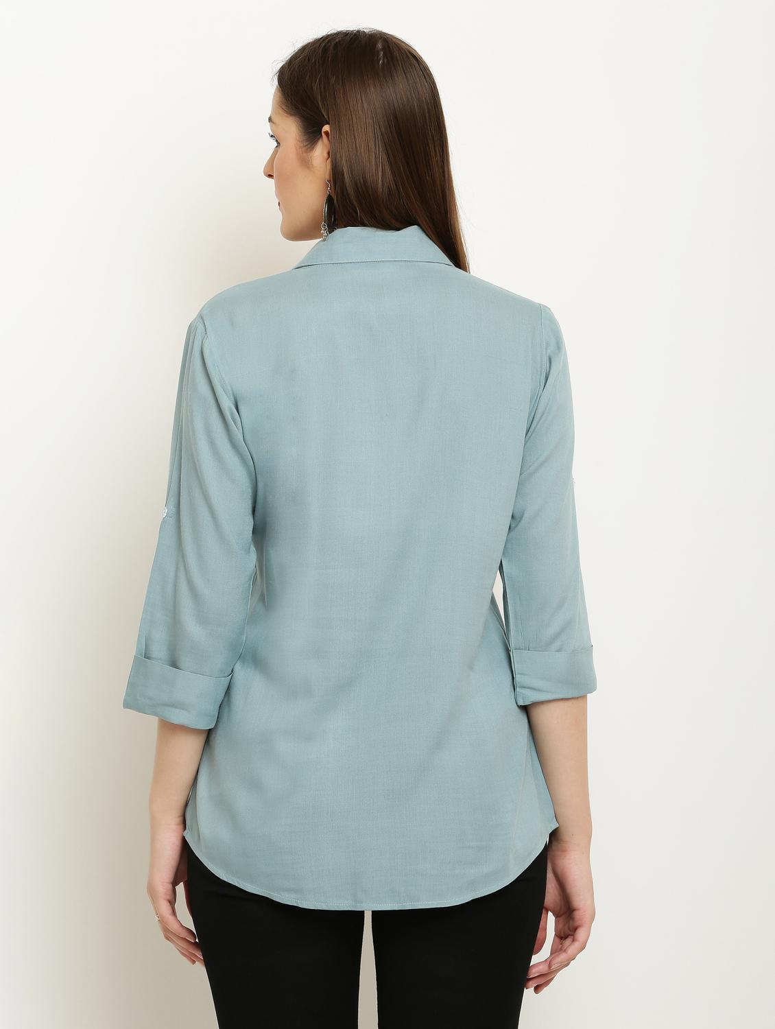 women solid collared three quarter sleeve shirt - 22061348 - Standard Image - 3
