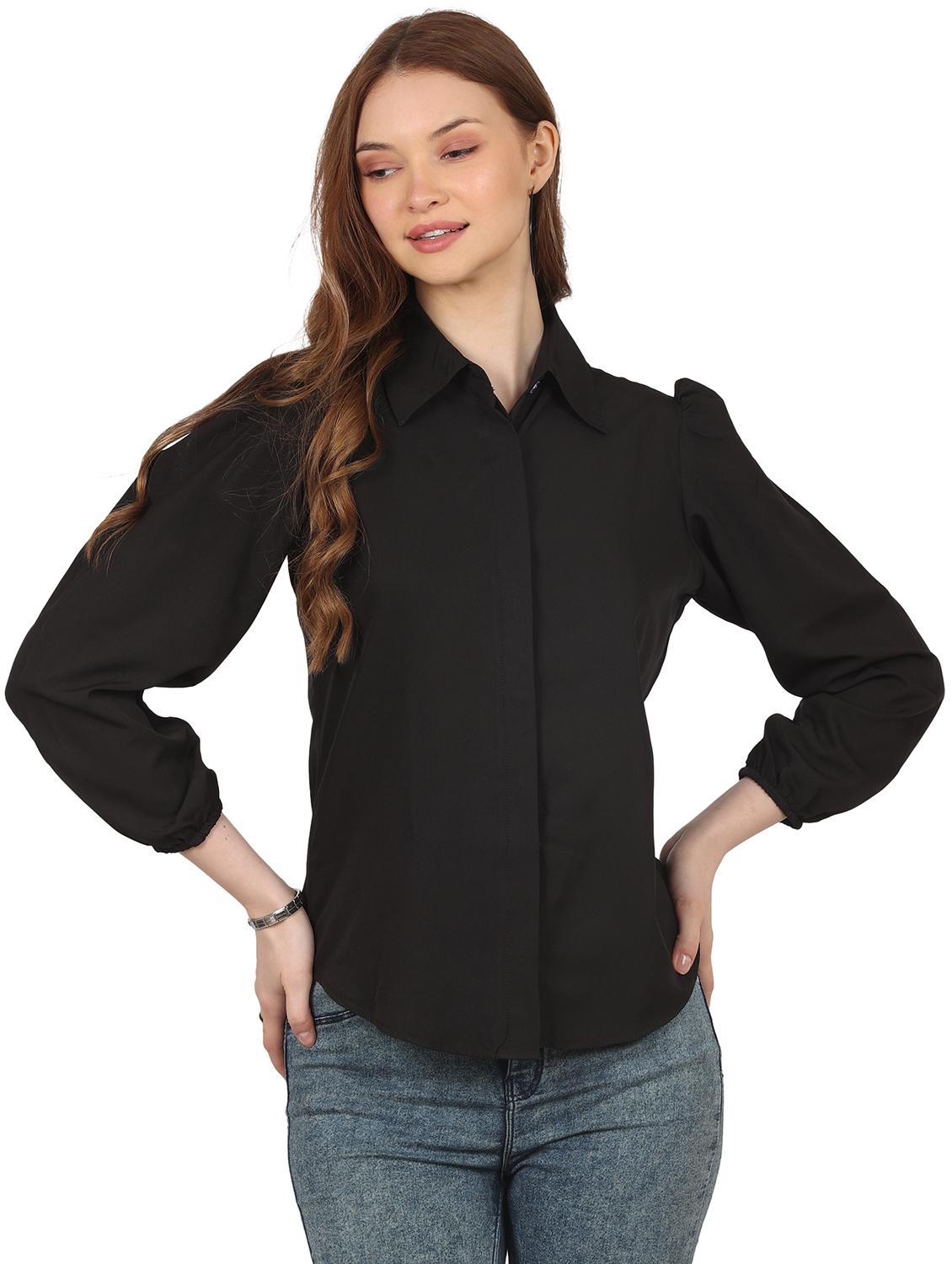 women solid collared puff sleeve shirt - 22061355 -  Zoom Image - 0