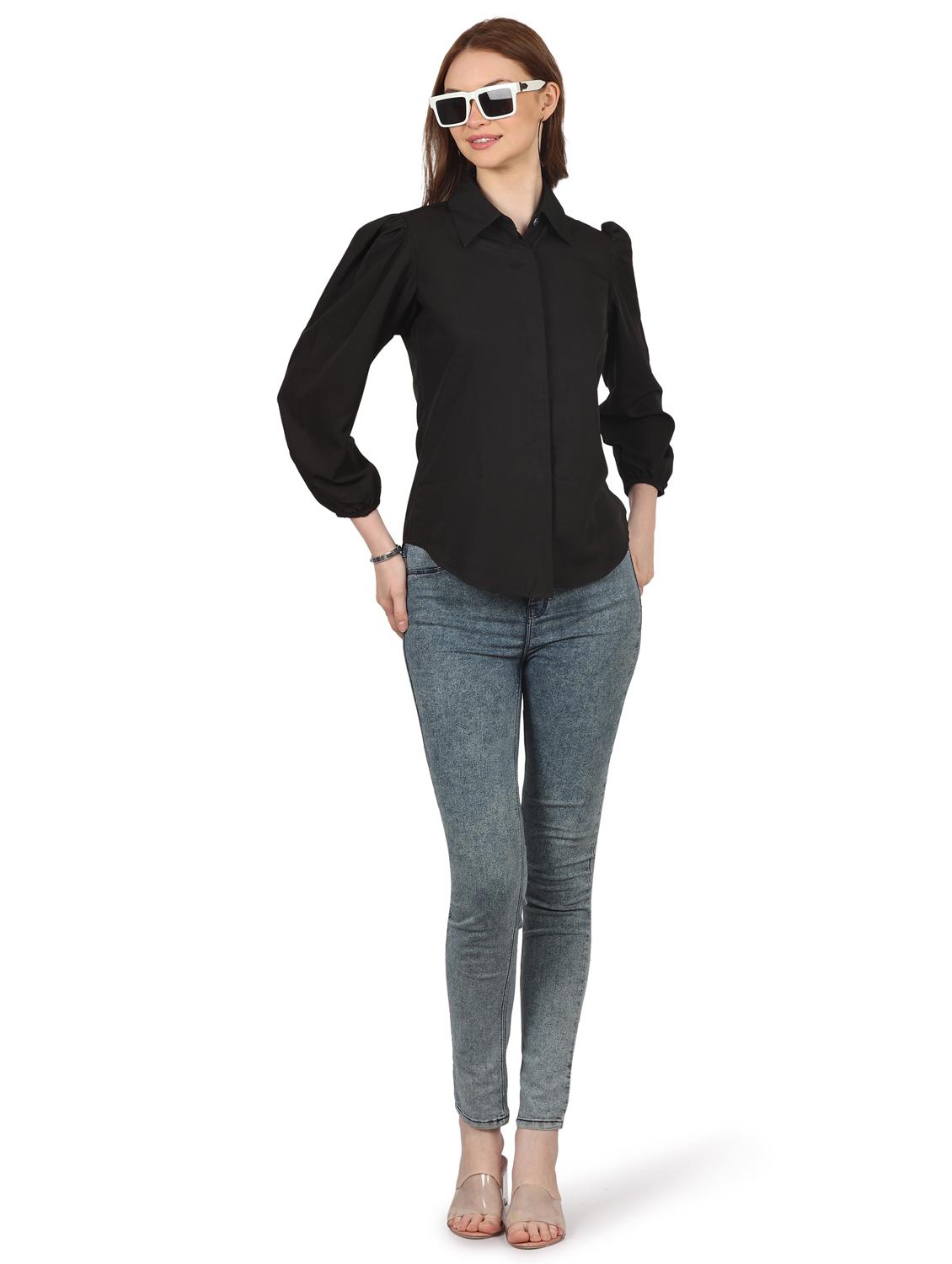 women solid collared puff sleeve shirt - 22061355 - Standard Image - 5